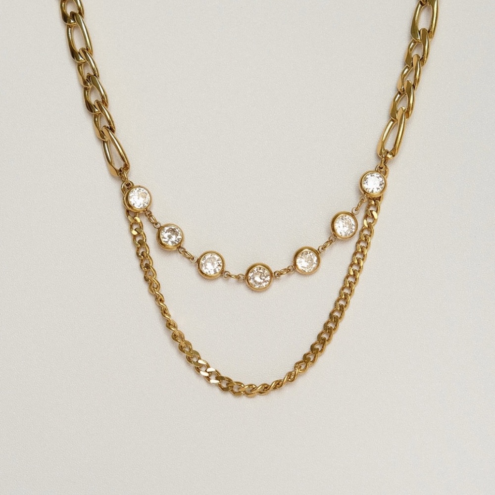 Zirconia Layer Link Chain Necklace | 18K Gold Plated Stainless Steel - Picture 4 of 4